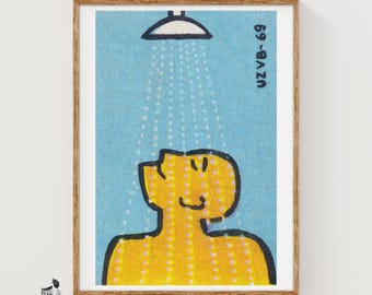 Man Under Shower - Czech Vintage Matchbox Poster, Matchbox Print, Art Print, Bathroom Decor, Wall Art, Bathroom Poster