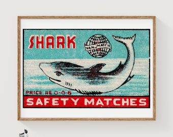 Swimming Shark - Matchbox Print - Aesthetic Wall Art - Vintage India Art - Matchbox Wall Poster - Vintage Poster Print