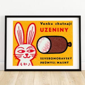 Rabbit looking at Sausage - Matchbox Print - Aesthetic Wall Art - Vintage Czech Art - Matchbox Wall Poster - Vintage Poster Print