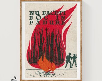 Ingen eld i skogen: Vintage rumänsk tändsticksask-etikett väggkonsttryck