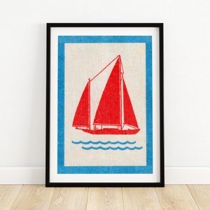 Red Sailboat - Matchbox Print - Aesthetic Wall Art - Vintage Eastern Europe Art - Matchbox Wall Poster - Vintage Poster Print