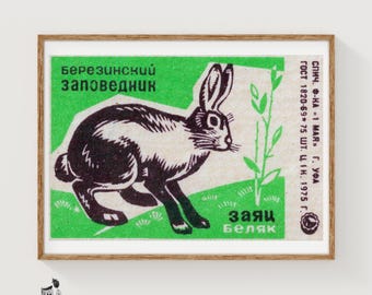 May include: A rectangular print featuring a black and white illustration of a hare on a green background. The text reads "Березинский заповедник" and "Заяц беляк" in Cyrillic, alongside technical production details including "ГОСТ 1820-69" and "75 шт".