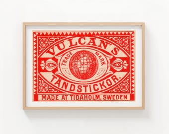Jordglob Tändsticka Sverige Vintage Tändsticksask Etiketttryck, Vintage Utskrivbar Väggkonst | Digital Nedladdning