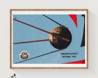 Spoetnik-satelliet Matchbox Art Print, Kroatische vintage propaganda (decor van de ruimterace)