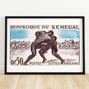 Senegalese Wrestling - Vintage Afrikanische Kunst - Briefmarke Druck - Ästhetische Wandkunst - Briefmarke Wandposter - Vintage Poster Druck