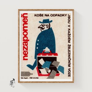 Man Dropping Suitcase - Matchbox Print - Aesthetic Wall Art - Vintage Czech Art - Matchbox Wall Poster - Vintage Poster Print