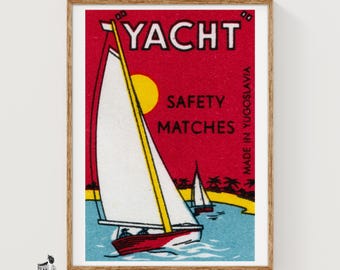 Konsttryck med segelbåt, Matchbox, jugoslavisk vintage från mitten av århundradet (lekfull dekor)