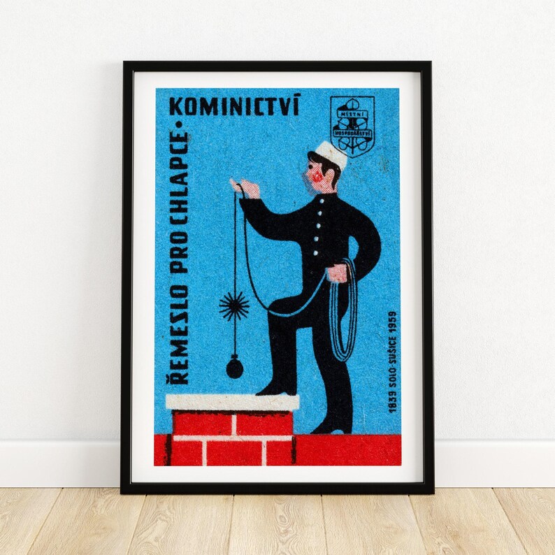 Chimney Cleaner - Matchbox Print - Czech Wall Art - Vintage Czech Art - Matchbox Wall Poster - Vintage Poster Print