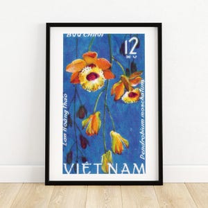 Orange Blumen - Vietnam - Briefmarke Druck - Ästhetische Wandkunst - Briefmarke Wand Poster - Vintage Poster Druck