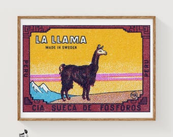 Llama Standing Peru 1920s-30s Matchbox Label - Vintage Art Print | Folk Art