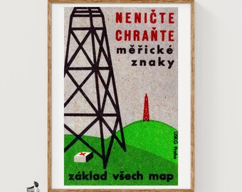 Hoogspanningsmast - luciferafdruk - Tsjechische muurkunst - vintage Tsjechische kunst - muurposter luciferdoosje - vintage posterafdruk