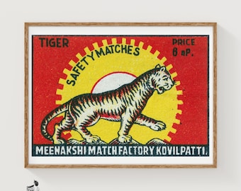 Marching Tiger Matchbox Art Print, Indian Vintage Folk Art (Nostalgic Decor)