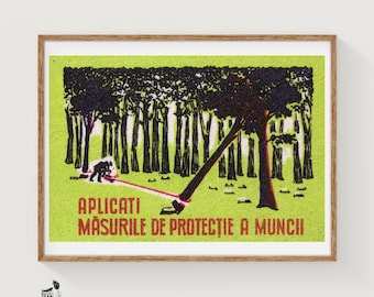 Konsttryck med arbetare som skär träd, tändsticksask, rumänsk vintagepropaganda (industriell dekor)