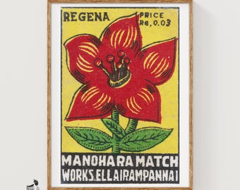 Red Flower Mid-Century Matchbox Label - Vintage Art Print | Folk Art