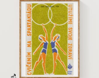 Twee gymnasten Matchbox Art Print, Tsjechische vintage volkskunst (speels decor)
