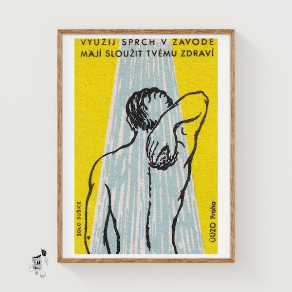 Showering Serves Your Health - Matchbox Print - Czech Wall Art - Vintage Czech Art - Matchbox Wall Poster - Vintage Poster Print