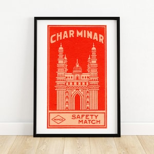 Lámina artística de caja de cerillas Charminar / Coleccionable indio vintage / Decoración retro / Diseño gráfico rojo / Arte mural único / Regalo para él o ella A4