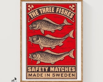 The Three Fishes - Matchbox Print - Sweden Wall Art - Vintage Sweden Art - Matchbox Wall Poster - Vintage Poster Print
