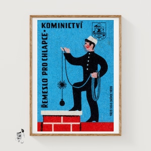 Chimney Cleaner - Matchbox Print - Czech Wall Art - Vintage Czech Art - Matchbox Wall Poster - Vintage Poster Print