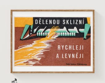 Grain Harvester Matchbox Art Print, Czech Vintage Constructivist (Industrial Decor)