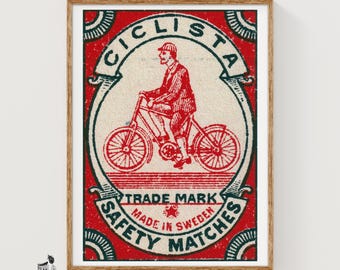 Cyclist Matchbox Art Print, Zweedse vintage volkskunst (nostalgisch decor)