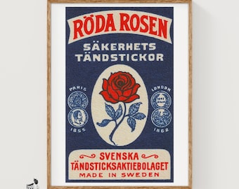 Red Rose Matchbox Art Print, Swedish Vintage Folk Art (Floral Decor)