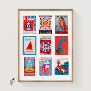 Red and Blue Matchbox Labels Grid Print, Vintage Poster, International Collection, Midcentury Style, crimson wall art