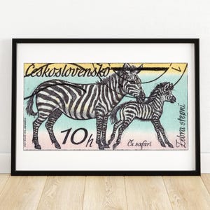 Dos cebras - Arte checo antiguo - Impresión de sello postal - Arte mural estético - Póster de sello postal - Arte africano antiguo