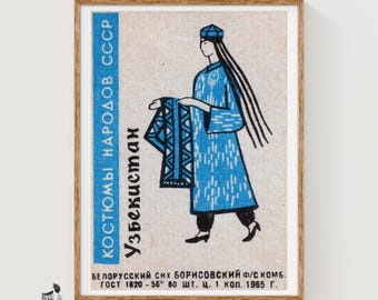 Uzbekistani Woman - Matchbox Print - Aesthetic Wall Art - Vintage Eastern Europe Art - Matchbox Wall Poster - Vintage Poster Print