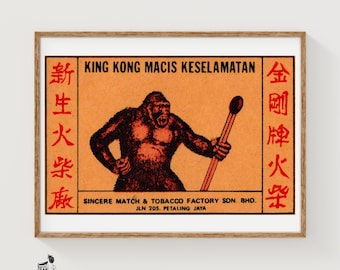 Gorilla Holding A Large Matchstick Malaysia Mid-Century Matchbox Label - Vintage Art Print | Folk Art