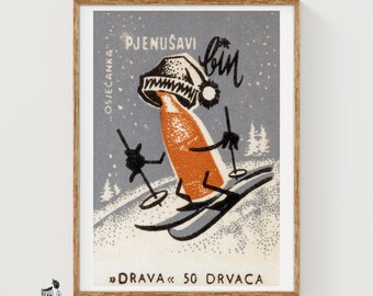 Cerveja de esqui - Impressão de caixa de fósforos - Arte de parede estética - Arte vintage da Europa Oriental - Pôster de parede de caixa de fósforos - Impressão de pôster vintage