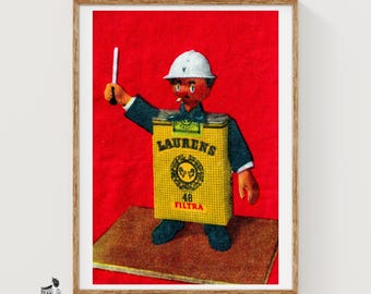May include: A vintage-style illustration of a character with a cigarette pack body labeled LAURENS 48 FILTRA. The figure wears a white helmet, dark jacket, and dark shoes, standing on a brown rectangular base against a bright red background.