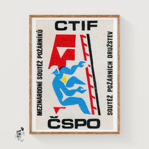 Stampa artistica su scatola di fiammiferi con pompiere, stile costruttivista vintage ceco (decorazione industriale)