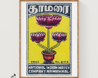 Pink Lotus Flowers - Matchbox Print - India Wall Art - Vintage India Art - Matchbox Wall Poster - Vintage Poster Print