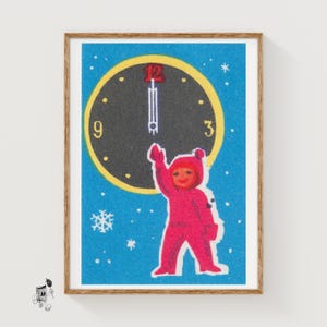 Child with Clock Matchbox Art Print, Russian Vintage Folk Art (Playful Decor)