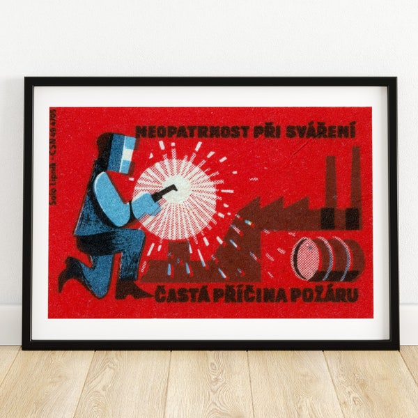 Man Welding in Factory - Matchbox Print - Czech Wall Art - Vintage Czech Art - Matchbox Wall Poster - Vintage Poster Print