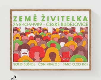 Konsttryck "Människans folkmassa" i matchbox-stil, tjeckoslovakisk vintage-folkkonst (färgglad dekor)