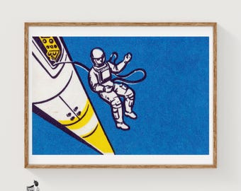 Astronaut Floating - Matchbox Print - Aesthetic Wall Art - Vintage Eastern Europe Art - Matchbox Wall Poster - Vintage Poster Print