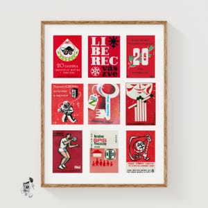 Red and White Matchbox Labels Grid Print, Vintage Poster, International Collection, Midcentury Style, scarlet print