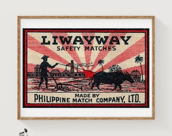 Farmer and Carabao Matchbox Art Print, Filipino Vintage Propaganda (Industrial Decor)