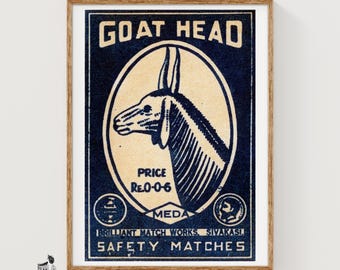 Goat Head Matchbox Art Print, Indian Vintage Folk Art (Nostalgic Decor)
