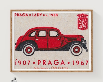 Rode vintage auto Matchbox Art Print, Tsjechisch midden van de eeuw (nostalgisch decor)