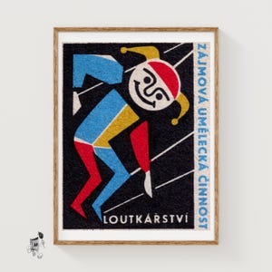 Lámina artística de caja de cerillas con marioneta de bufón, modernista vintage checo (decoración lúdica)