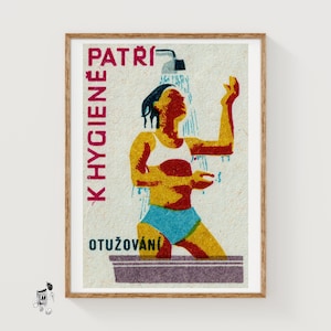 Woman in the Shower - Matchbox Print - Aesthetic Wall Art - Vintage Czech Art - Matchbox Wall Poster - Vintage Poster Print