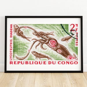Calamar negro - Arte congoleño vintage - Impresión de sellos postales - Arte mural estético - Póster de sellos postales - Arte africano vintage