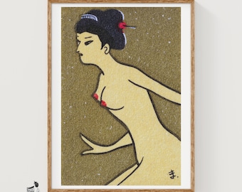Japanese Woman Matchbox Art Print, Vintage Folk Art (Gold Decor)