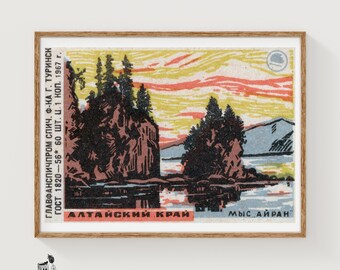 Altai Region Lake - Matchbox Print - Aesthetic Wall Art - Vintage Eastern Europe Art - Matchbox Wall Poster - Vintage Poster Print
