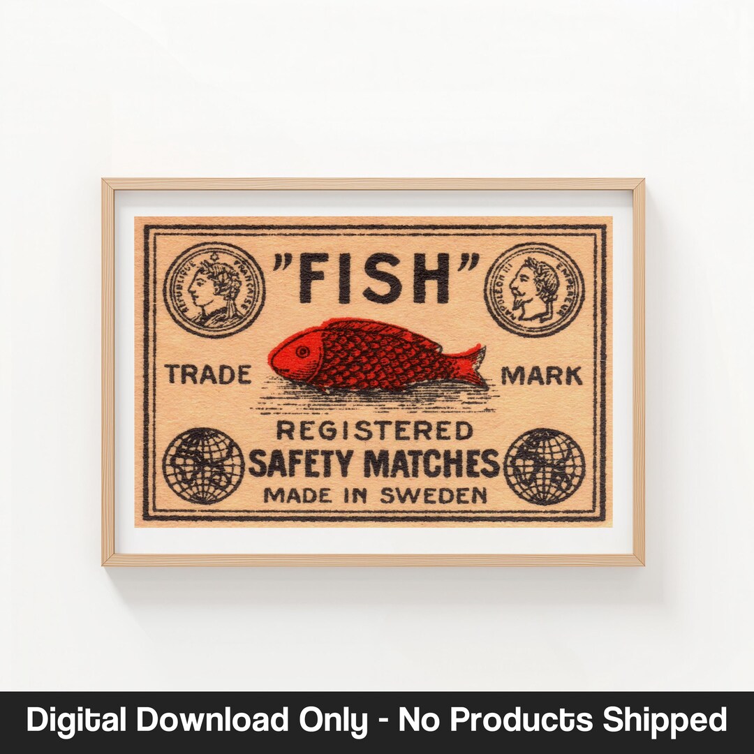 Red Fish Sweden Matchbox Label: Retro Kitchen Art, Old Swedish Ephemera ...