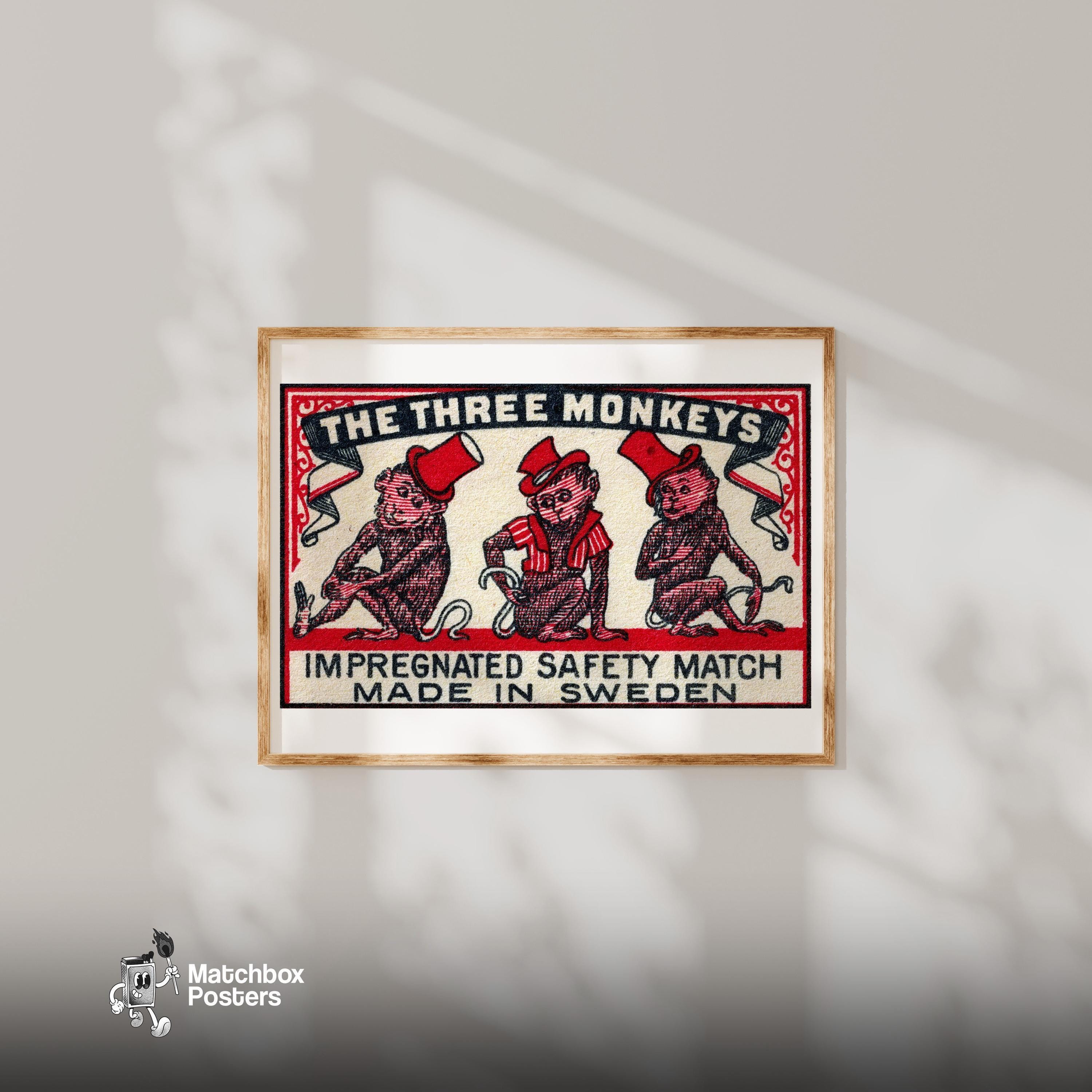 Three Monkeys Matchbox Art Print, Swedish Vintage Folk Art