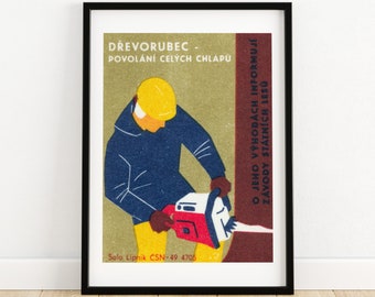 Man Using Chainsaw - Matchbox Print - Aesthetic Wall Art - Vintage Eastern Europe Art - Matchbox Wall Poster - Vintage Poster Print